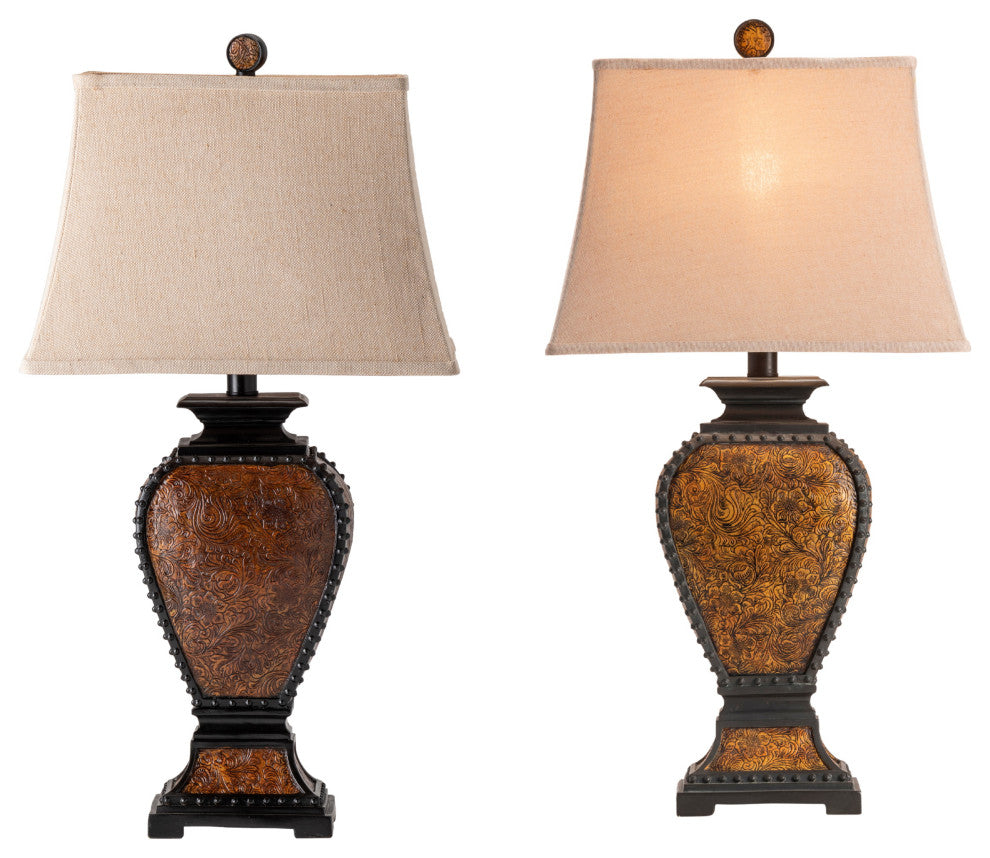 Tooled Leather Table Lamp Resin Tooled Leather Finish, Set of 2
