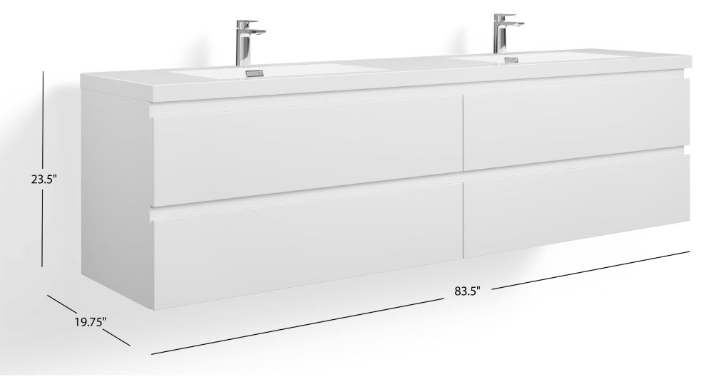 Beacon Bath Vanity, High Gloss White, 84", Double Sink, Wall Mount