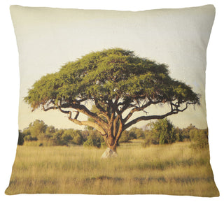 Acacia Tree On African Plain African Landscape Printed Throw Pillow, 18"x18"