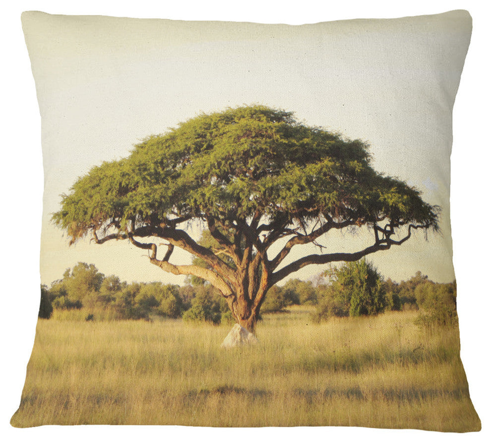 Acacia Tree On African Plain African Landscape Printed Throw Pillow, 18"x18"