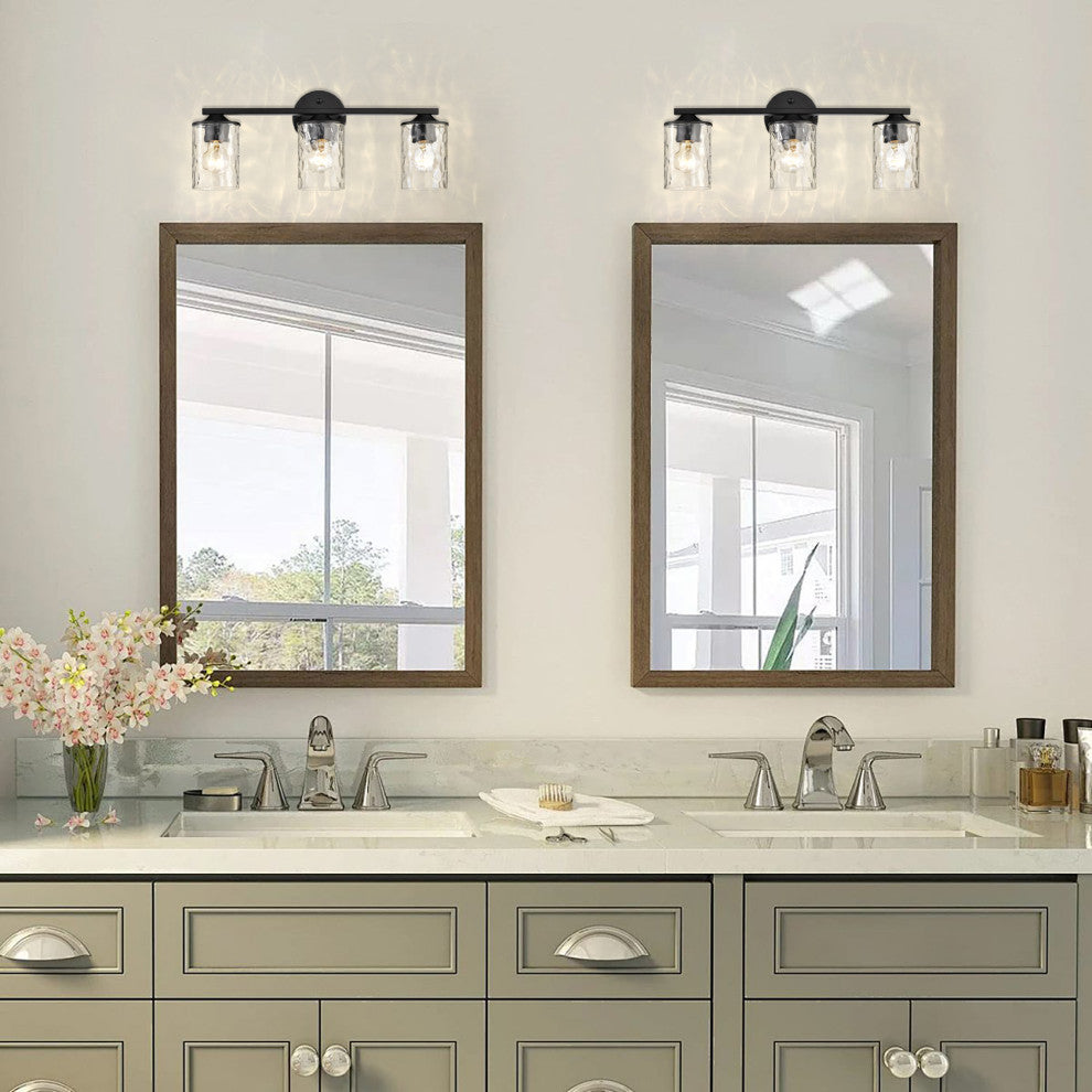 3-Light 21 in. Matte Black Vanity Light With Hammered Clear Glass Shades
