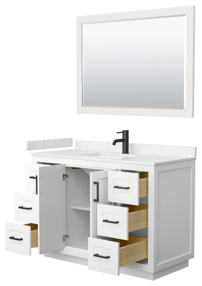 48"SGL Vanity White, Light-Vein Carrara Cult. Top, Sink, Black Trim, 46"Mirror