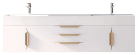 CastelloUSA Amazon 72" Wall Mounted Vanity Set, White, White Top, Gold Handles