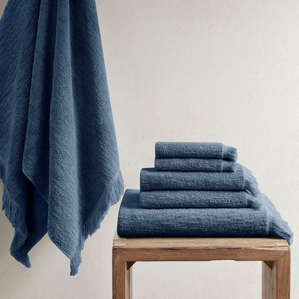 INK+IVY Nova Terry Cotton 630gsm Fringed 6-Piece Towel Set, Navy Blue
