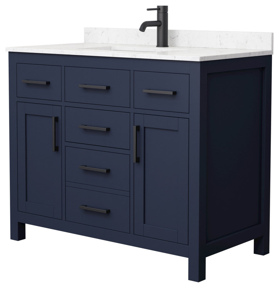42"SGL Vanity Dark Blue, Carrara Cult. Marble Countertop, Sink, Black Trim