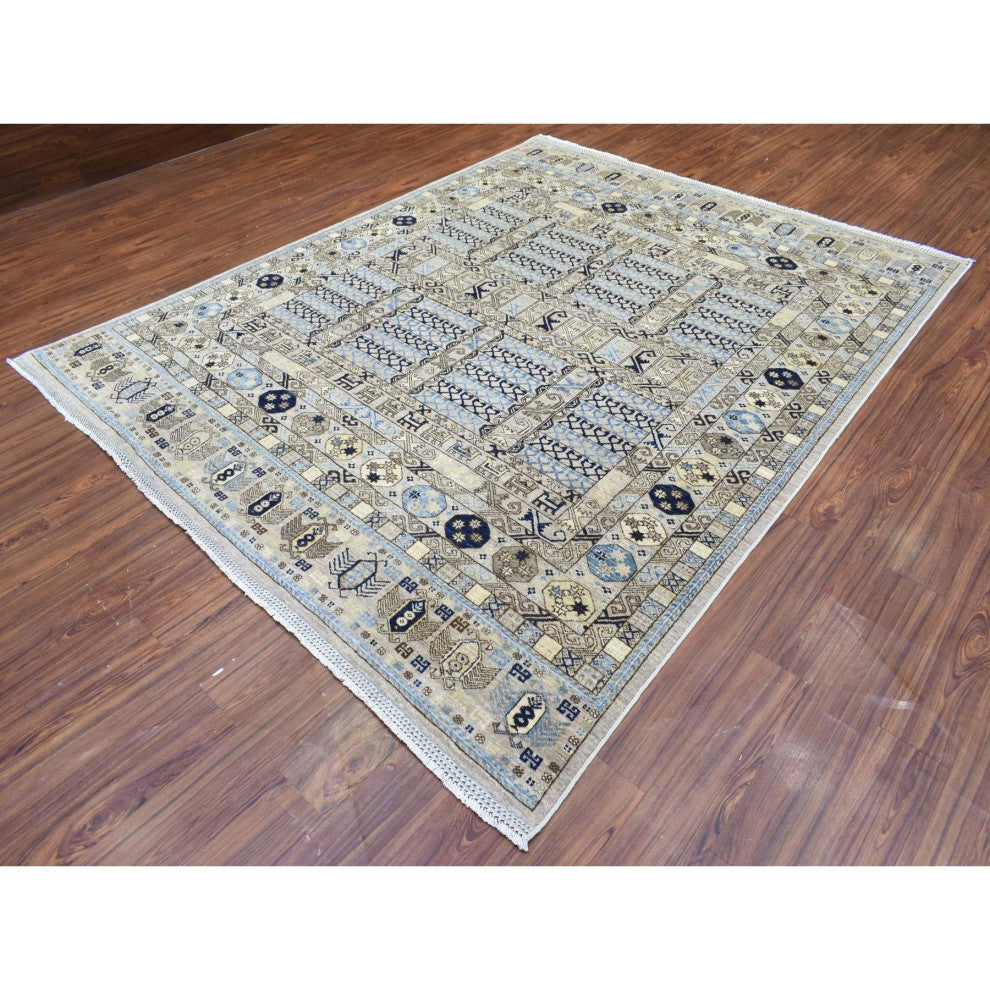 Beige, Hand Knotted Afghan Ersari Soft Wool Oriental Rug, 8'0"x9'9"