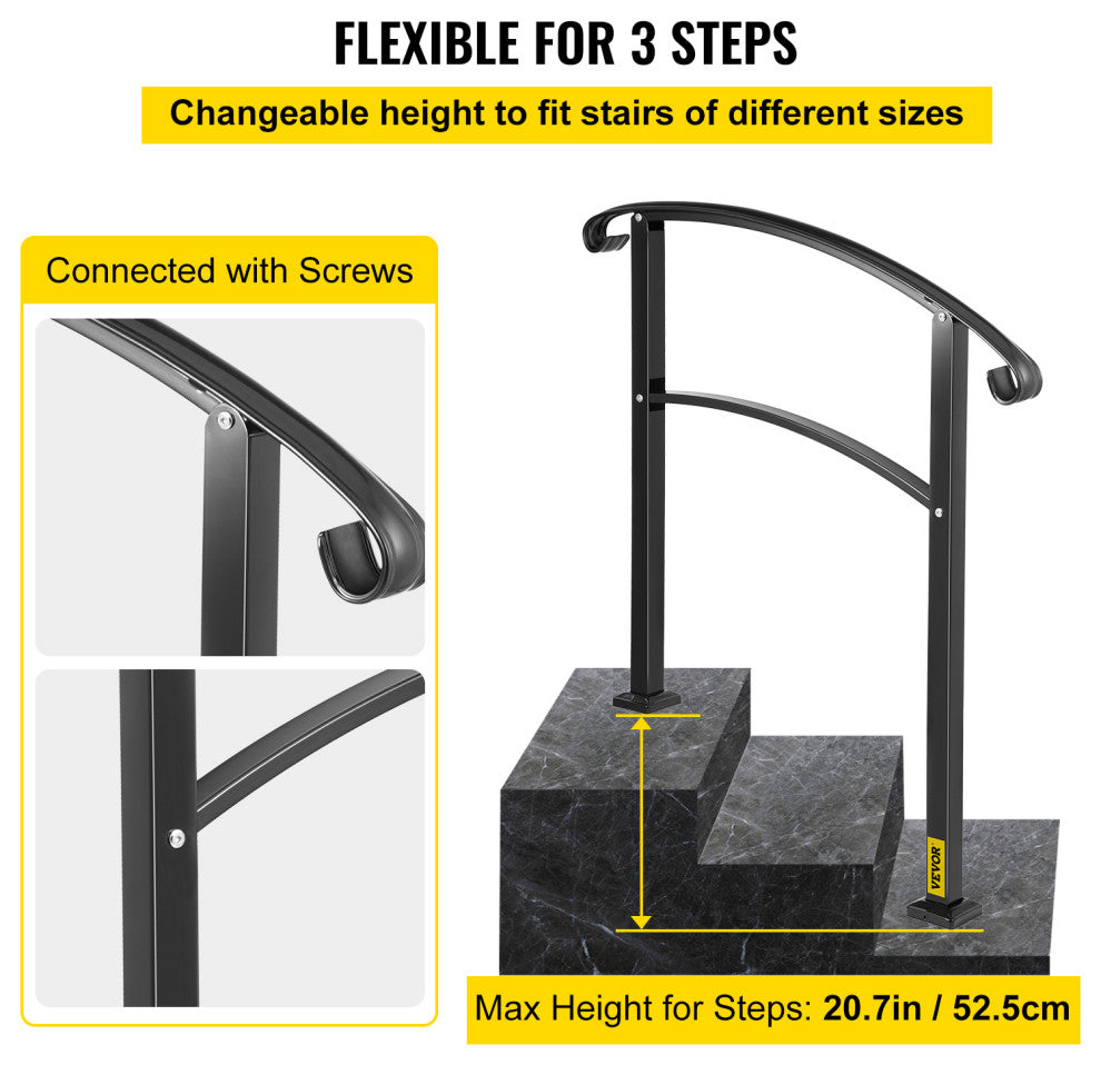 Wrought Iron Handrail Outdoor Stair Rail with Installation Kit, Black, Fit 3 Steps
