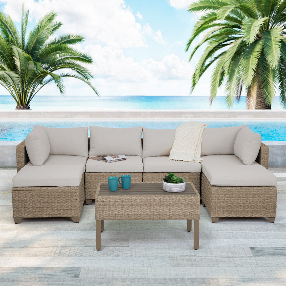 Maui 7-Piece Outdoor Conversation Set, Two Ottomans, Coffee Table, Hazel