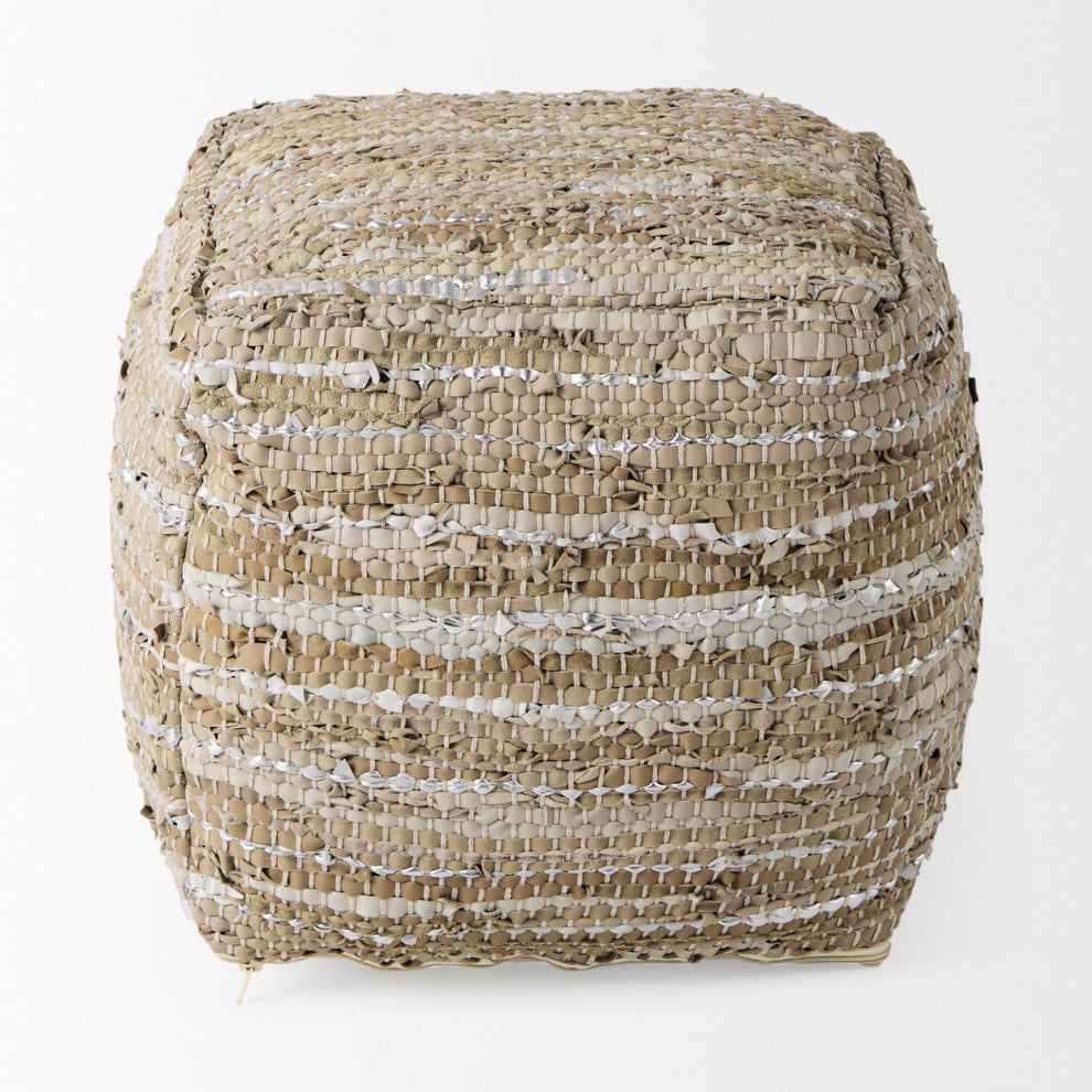 Aadhya 16Lx16Wx16H Taupe/Silver Leather and Cotton Pouf