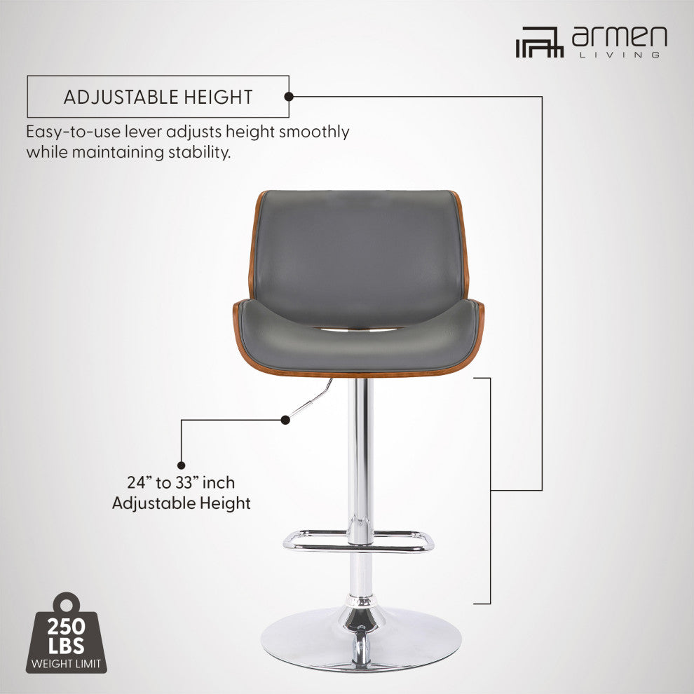 London Contemporary Swivel Bar Stool, Gray Faux Leather/Chrome Base/Walnut Wood