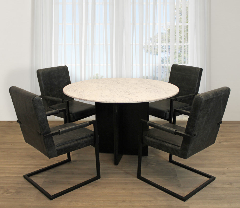 Lavaca 5-Piece Dining Set, 48" Round Dining Table and 4 Black Leather Chairs