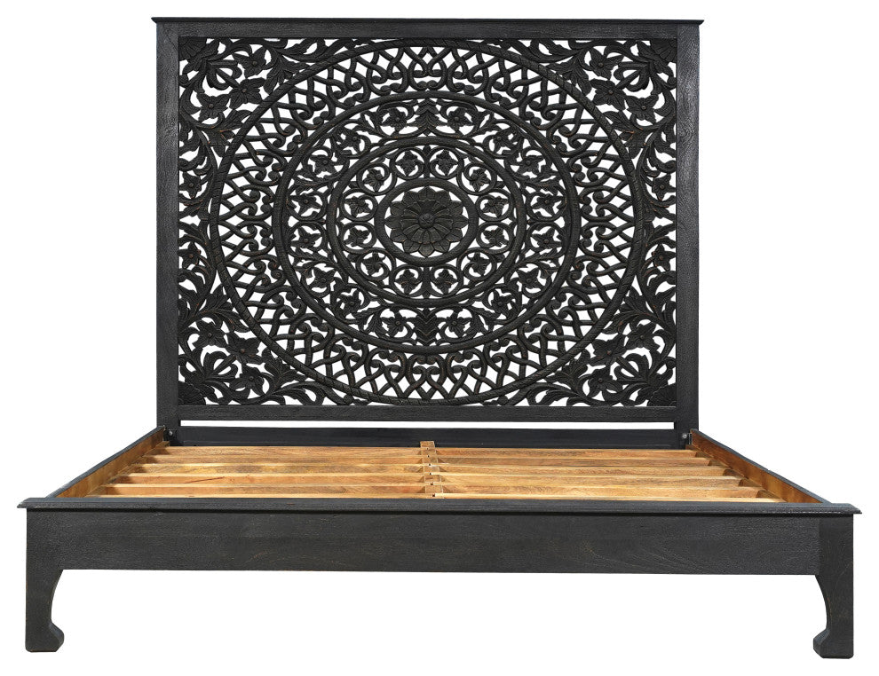 Milano Floral Carved Solid Wood Queen Panel Bed, Black, King