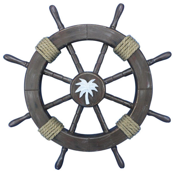 Rustic Wood Finish Decorative Ships Wheel With Palm Tree, 18"