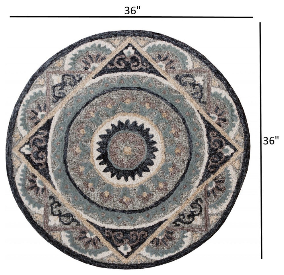 3' Round Gray Geometric Medallion Area Rug