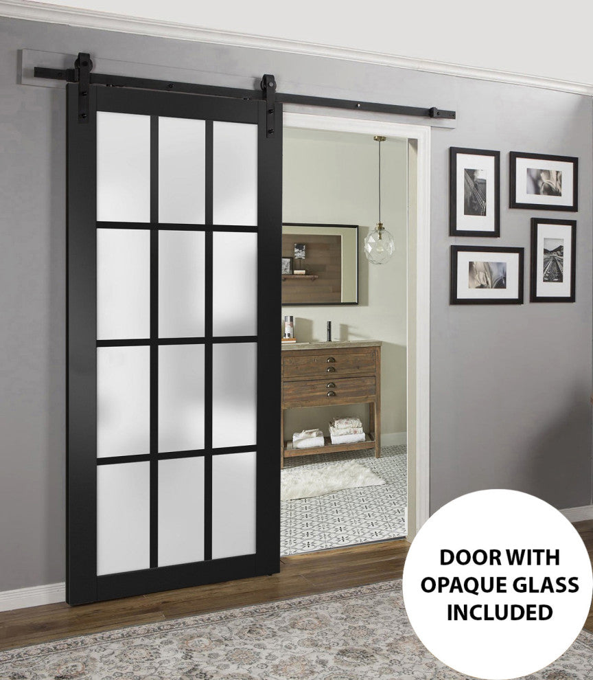 Barn Door 18 x 96, Felicia 3312 Matte Black Frosted Glass, 6.6' Rail