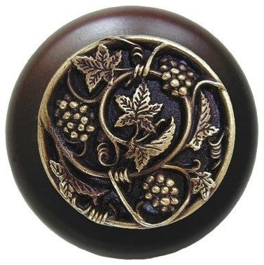 Grapevines Wood Knob, Antique Brass, Dark Walnut Wood Finish, Antique Brass