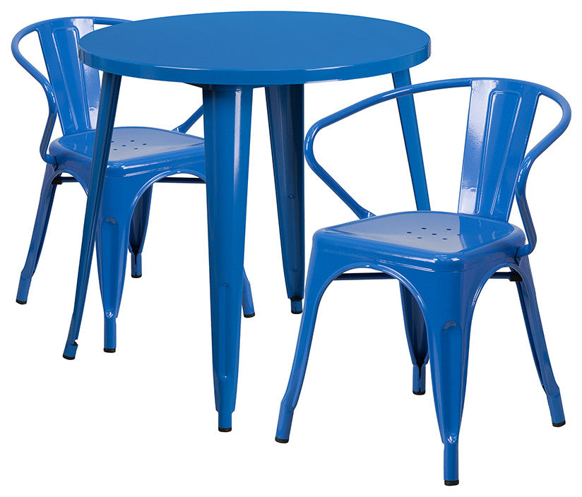 Commercial Grade 30" Round Blue Metal Indoor-Outdoor Table Set with 2 Arm Chairs