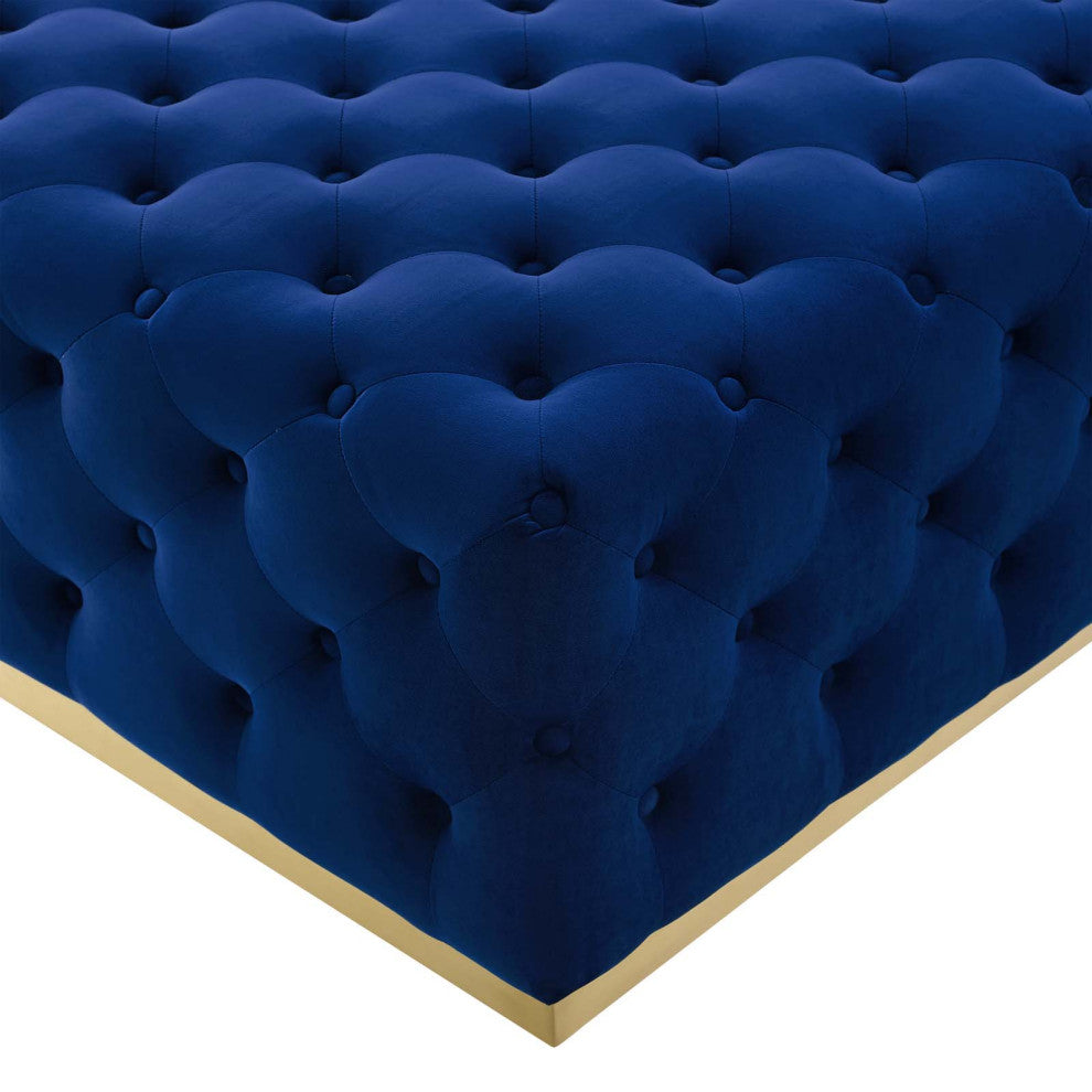 Tufted Accent Chair Ottoman, Square, Velvet, Blue Navy, Modern, Lounge