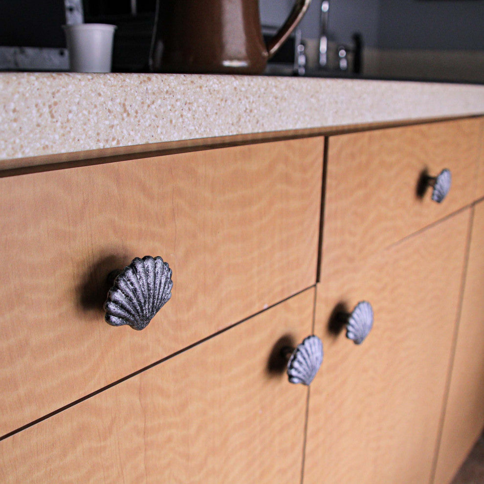 Set of 6 Silver Cast Iron Scallop Sea Shell Drawer Pulls Nautical Cabinet Knobs