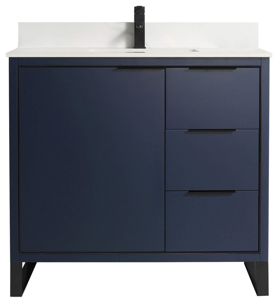 Opulence Bath Vanity, Navy Blue, 36", Black Hardware, White Carrara Top