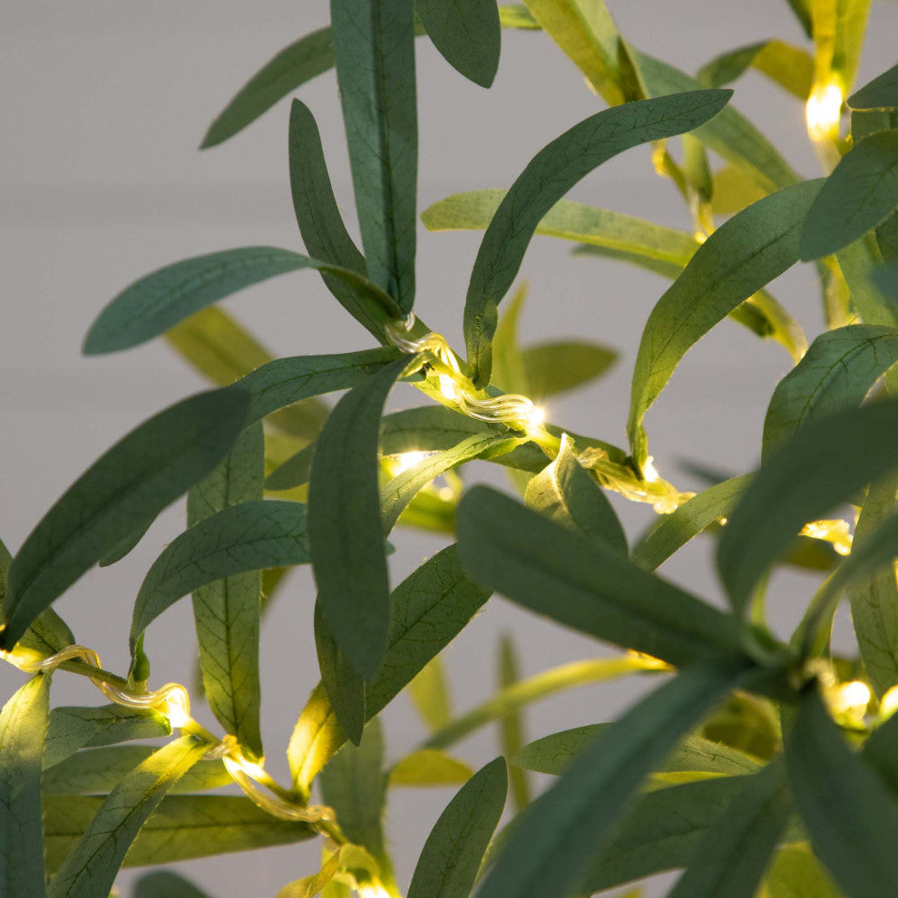 Close-up of leaves with LED string on neutral background.