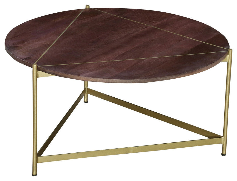Ellis 32 Inch Round Wood Coffee Table with Brass Metal Base, Brown, Matte Gold