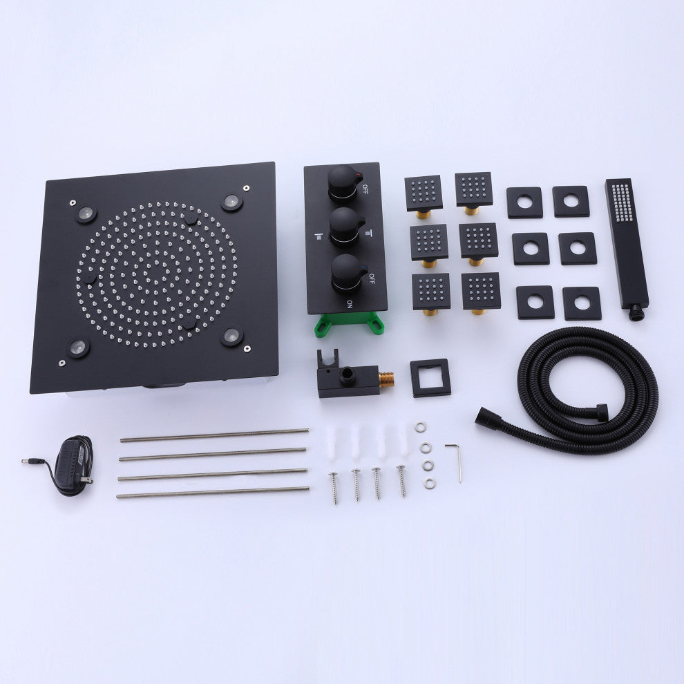 Luxury LED Rain Shower System With Rough-In Valve & 6 Body Jets, Matte Black