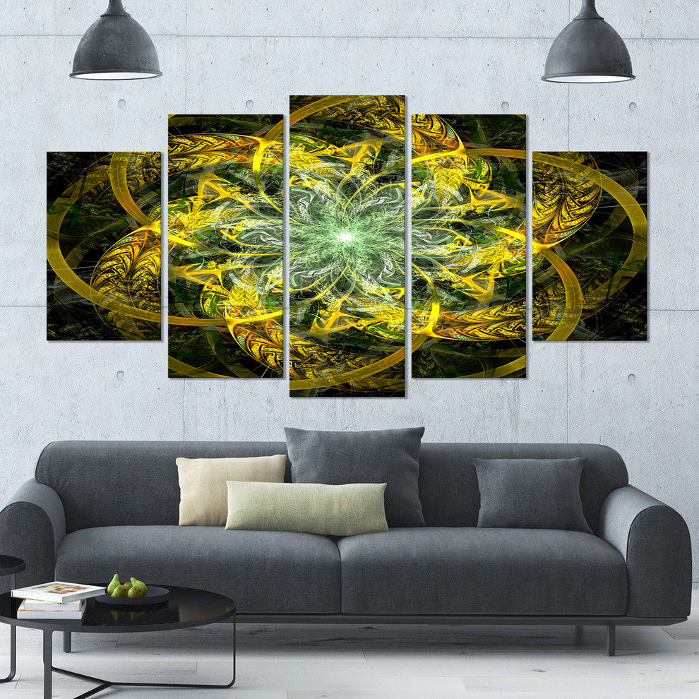 Yellow and Green Fractal Flower, Abstract Canvas Art Print, 60"x32", 5 Panels