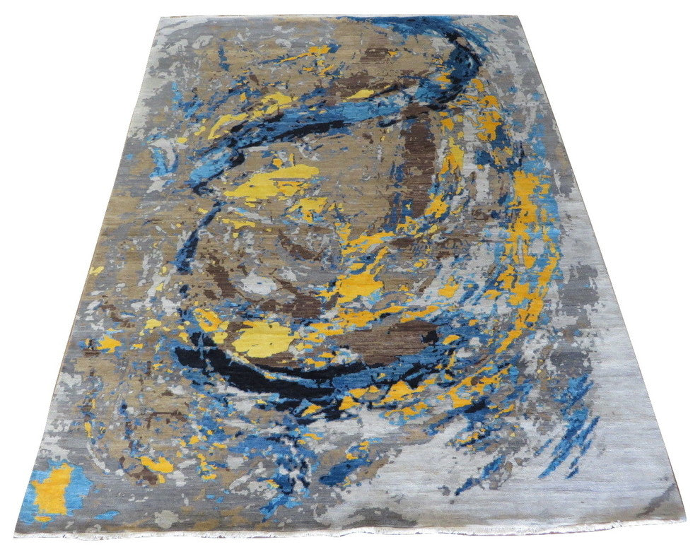 9x12 Handmade Multi Colored Modern Abstract Oriental Rug With Silk