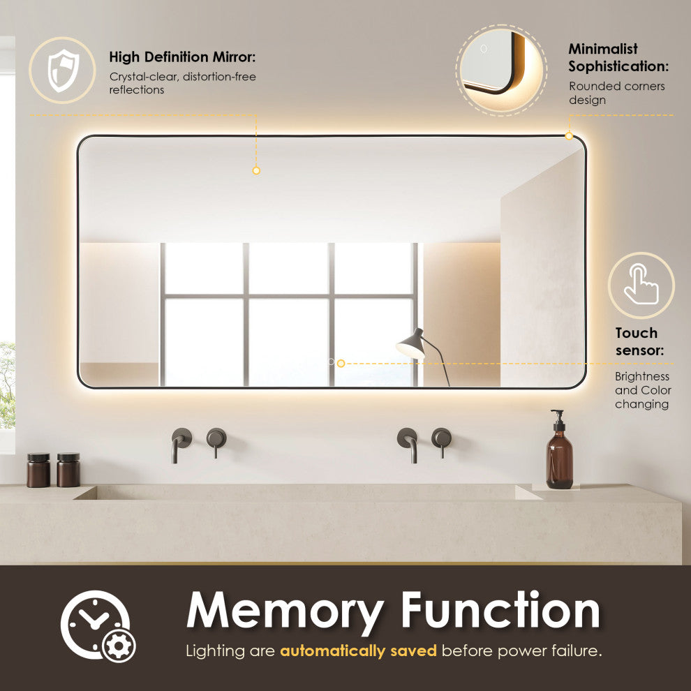 Dazzle Rectangular Bathroom/Vanity LED Lighted Wall Mirror, Matte Black, 72"