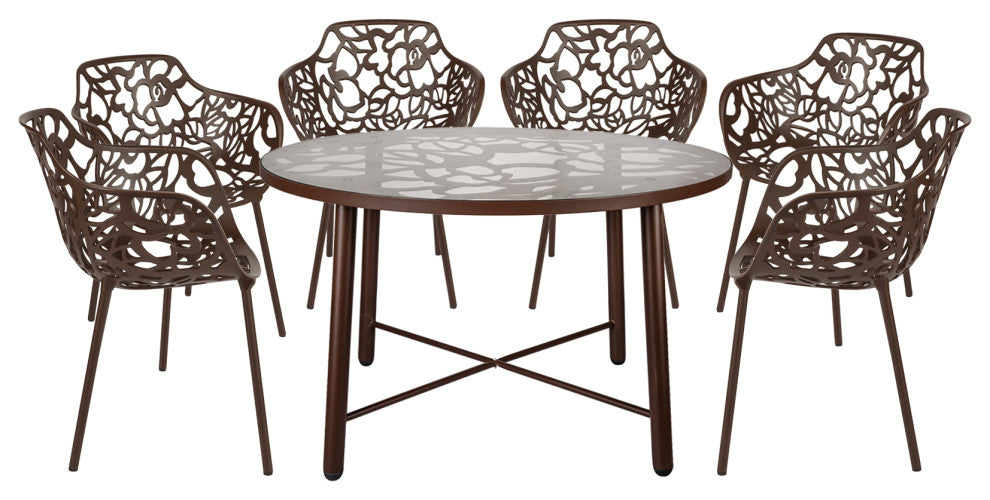 Leisuremod Devon 7-Piece Aluminum Dining Set With Table and 6 Armchairs, Brown