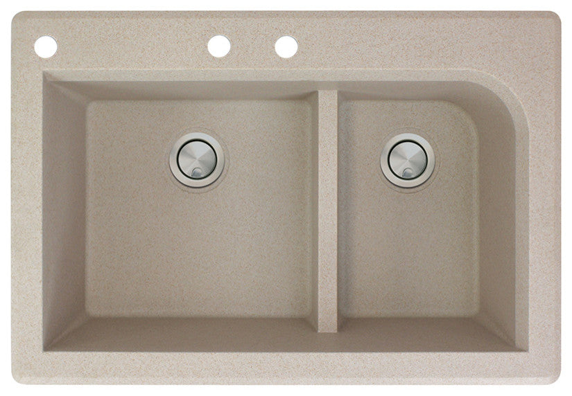 Radius 33" silQ Granite Double Bowl Kitchen Sink with 3 Holes in Cafe Latte