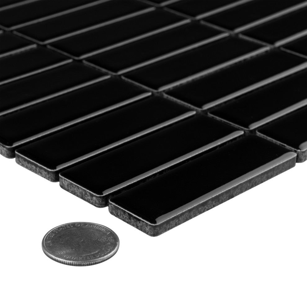 Metro Brick Stacked Glossy Black Porcelain Floor and Wall Tile