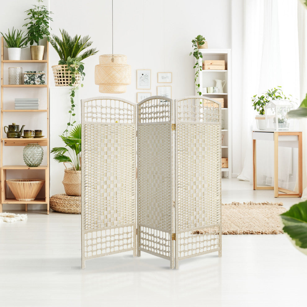 4' Tall Fiber Weave Room Divider, White, 3 Panels