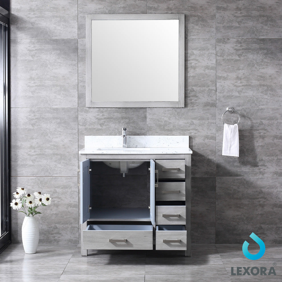36" Single Vanity With Carrera Marble Top, Sink and 34" Mirror, Distressed Gray
