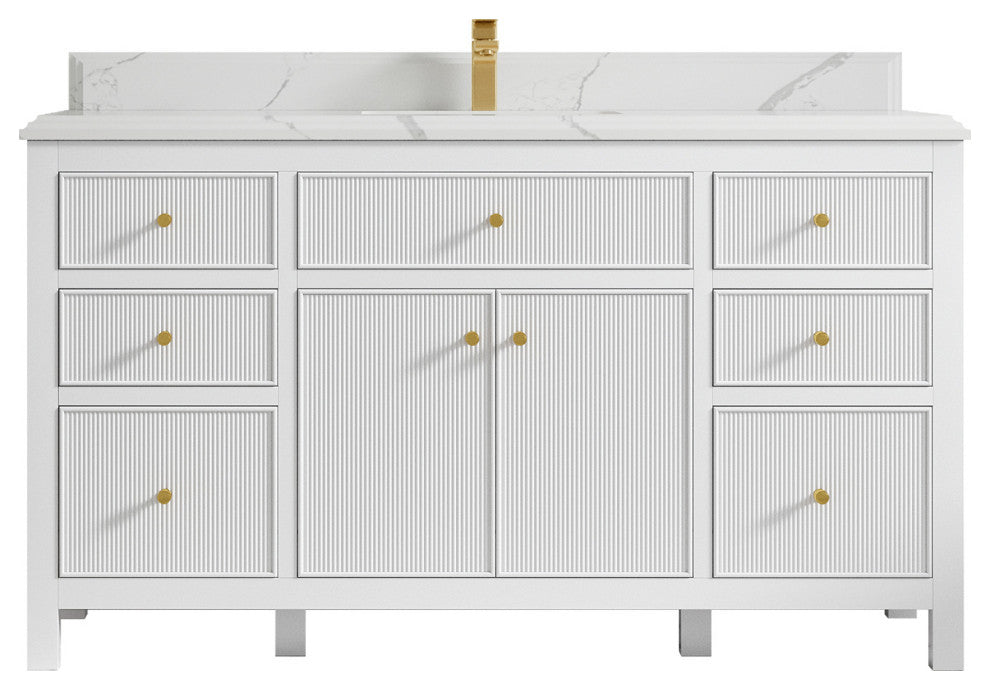 Sonoma 60 Single Sink Reeded Bathroom Vanity in White 1.5" Calacatta Laza