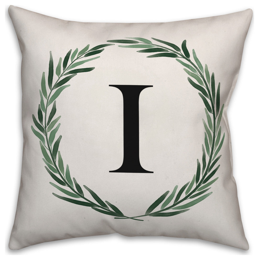 Watercolor Greenery Wreath Monogram I 18x18 Spun Poly Pillow