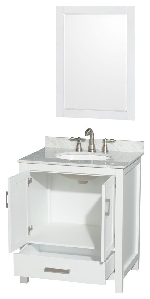 Wyndham WCS141430SWHCMUNOM24 White Vanity + Carrera Marble Top and Round Sink