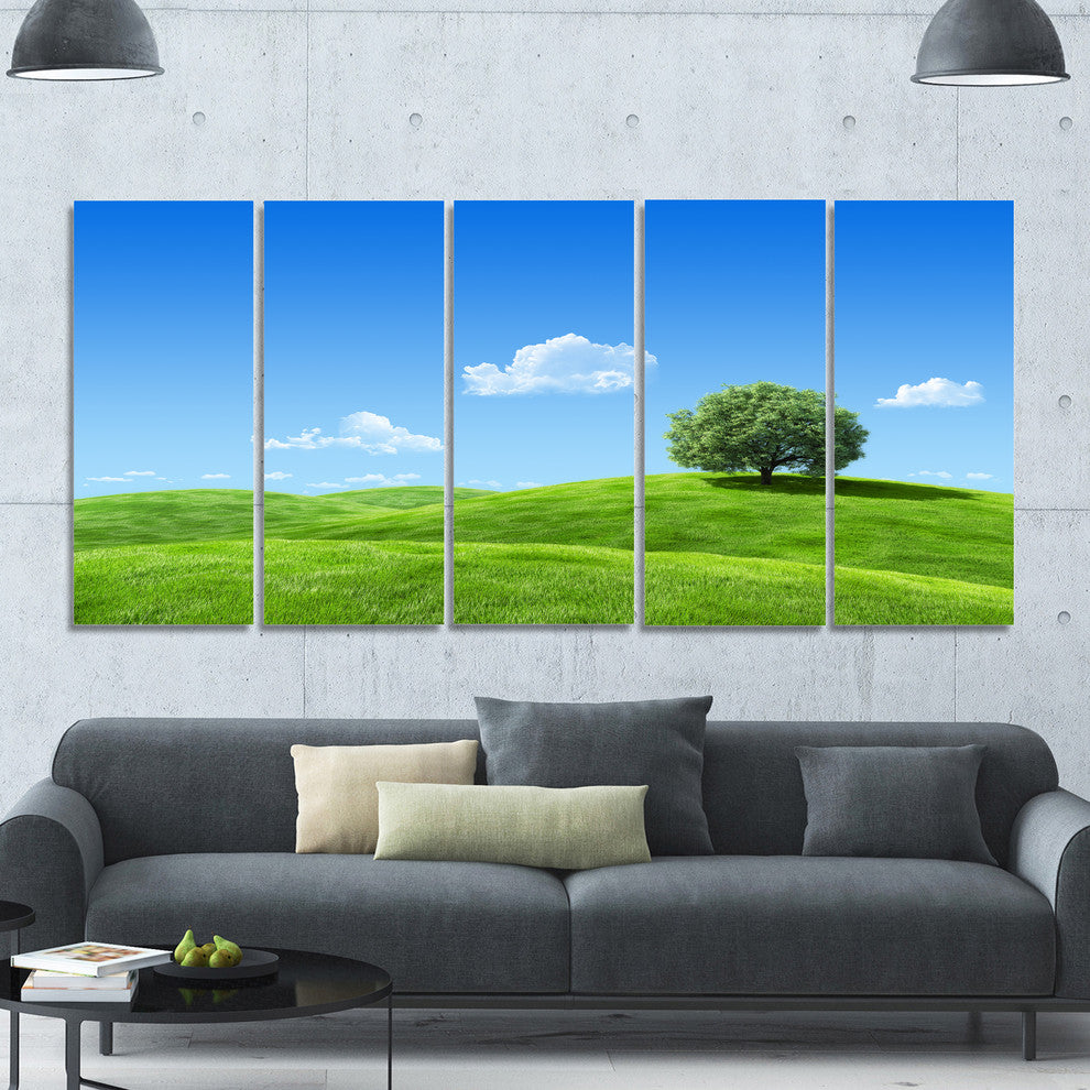 Calm Meadow with Single Tree, Landscape Canvas Art Print, 60"x28", 5 Panels
