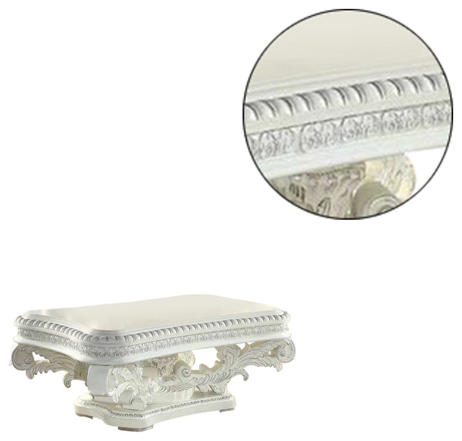 Benzara BM276274 Coffee Table, Raised Scrolled Pedestal, Ornate Motif, White