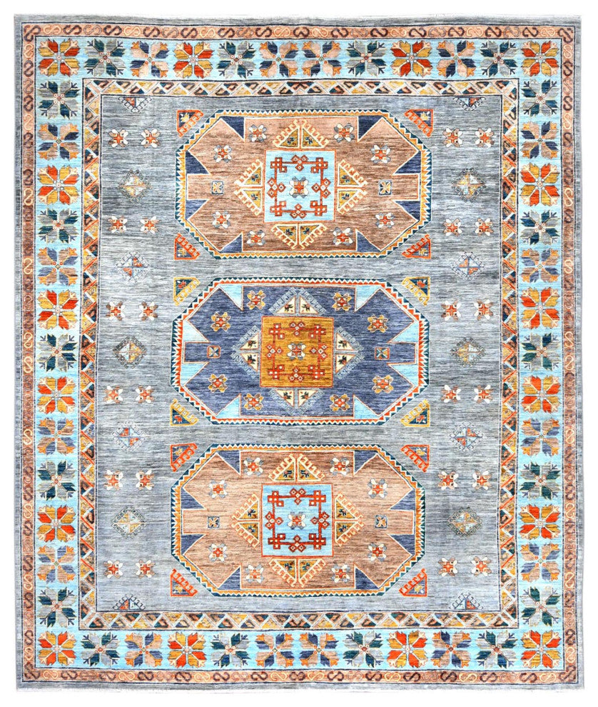 Silver Gray Wool Hand Knotted Armenian Inspired Design 200 KPSI Rug, 8'3"x9'7"