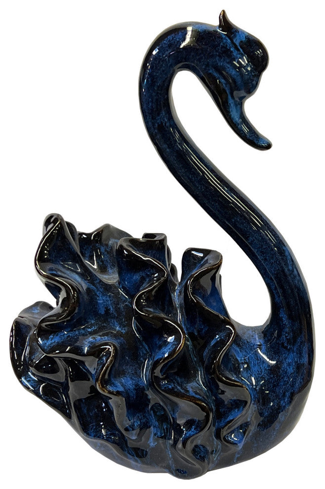 Ceramic Clay Navy Blue Wave Ribbon Feather Swan Art Figure Hws3102