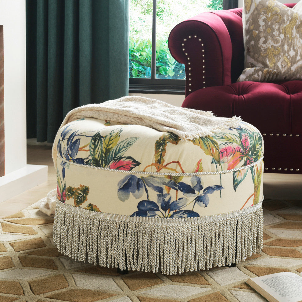 Yolanda 24" Upholstered Round Accent Ottoman, Tropical Floral Beige