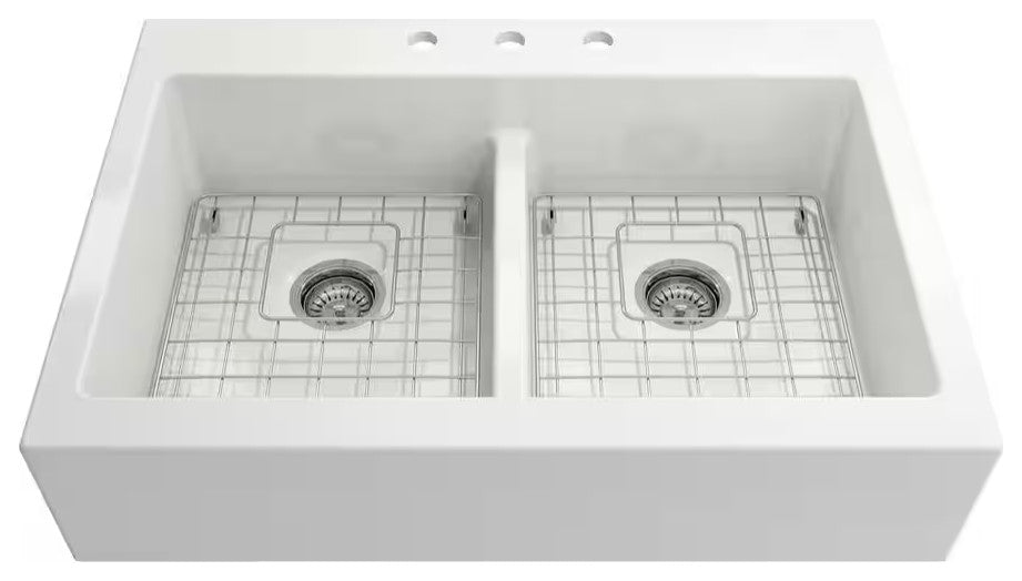 BOCCHI 1501-001-2020SS Apron Front Drop-In Fireclay 34" 2 Bowl Kitchen Sink Kit