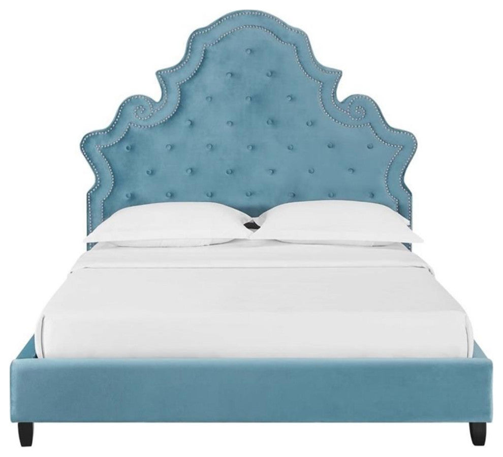 Valentina Queen Tufted Nailhead Performance Velvet Platform Bed