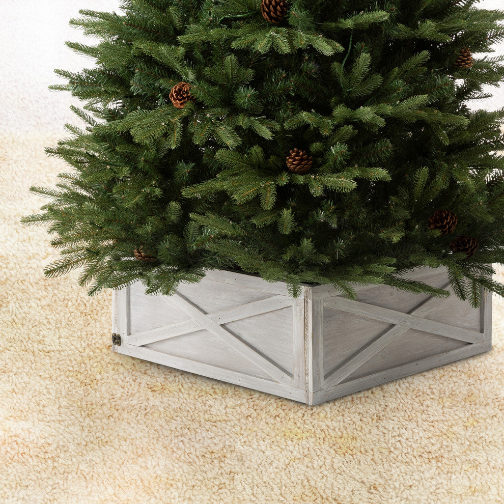 26"L Washed White Wooden Tree Collar