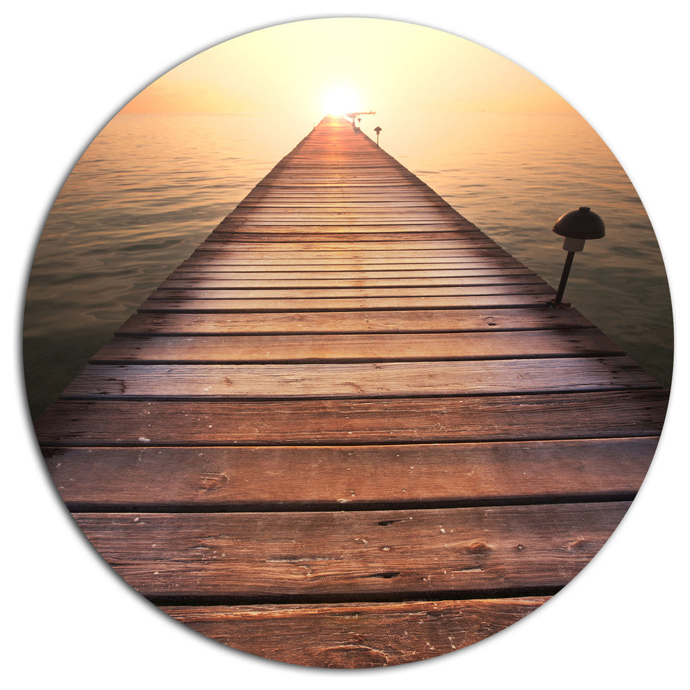 Long Wooden Boardwalk Into Sea, Seashore Round Metal Wall Art, 36"