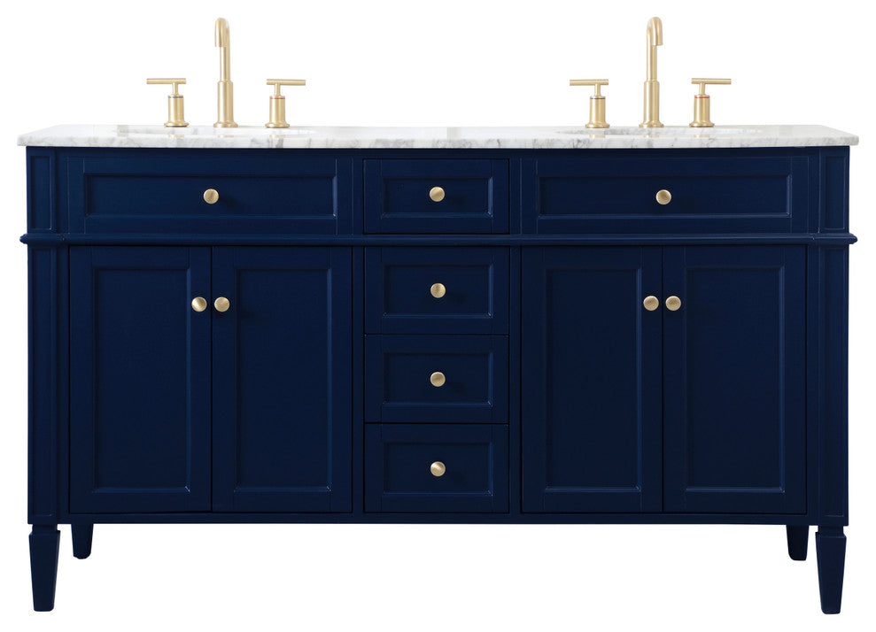 Home Living Vanity with Carrara White Marble Countertop, Blue, 60", Double Sink