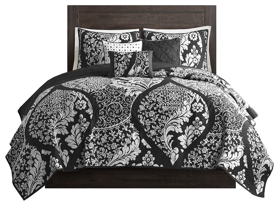 Madison Park Vienna 6 Piece Printed Cotton Quilt Set With Throw Pillows, Black