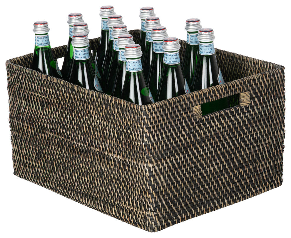 Loma Rectangular Decorative Rattan Storage Basket With Handles, Black Wash